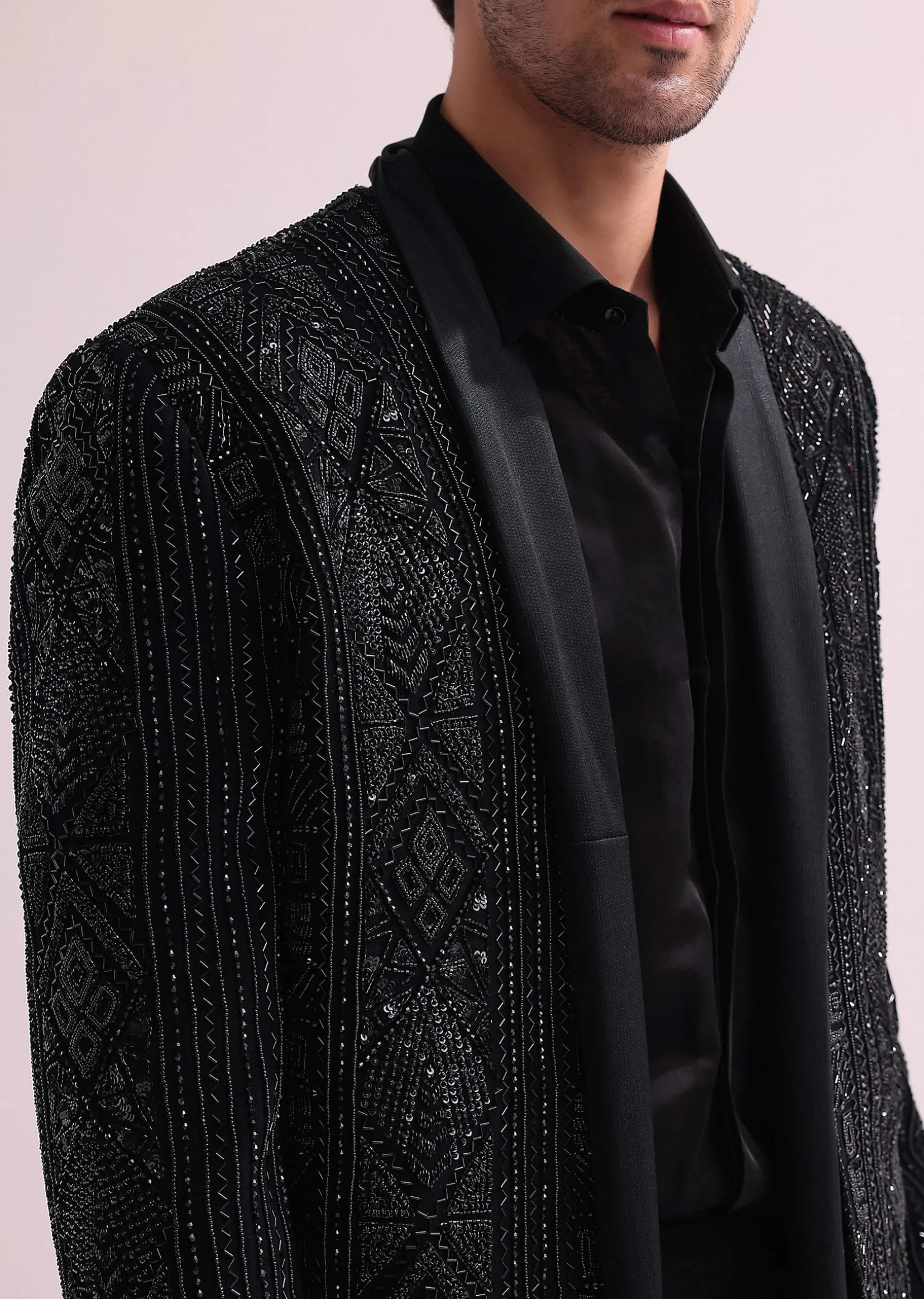 Black Indo Western Lapel Jacket With Shirt And Pant