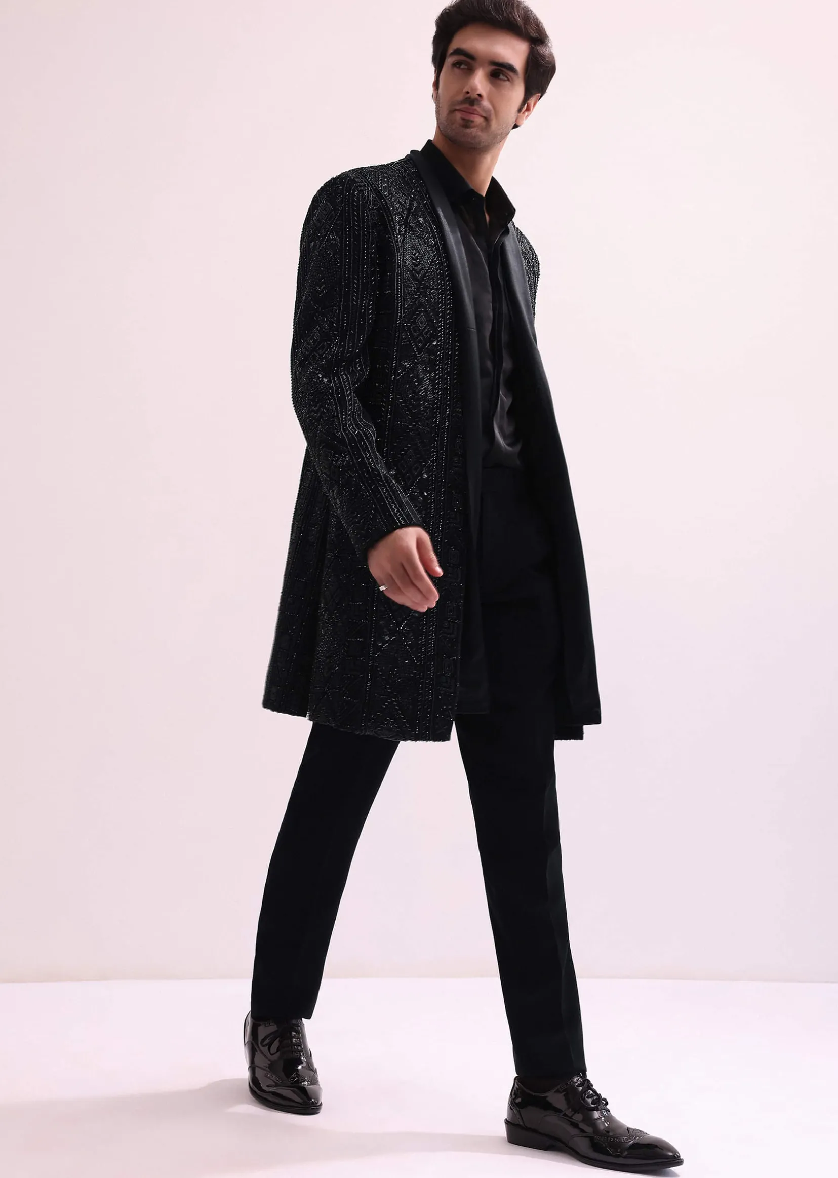 Black Indo Western Lapel Jacket With Shirt And Pant