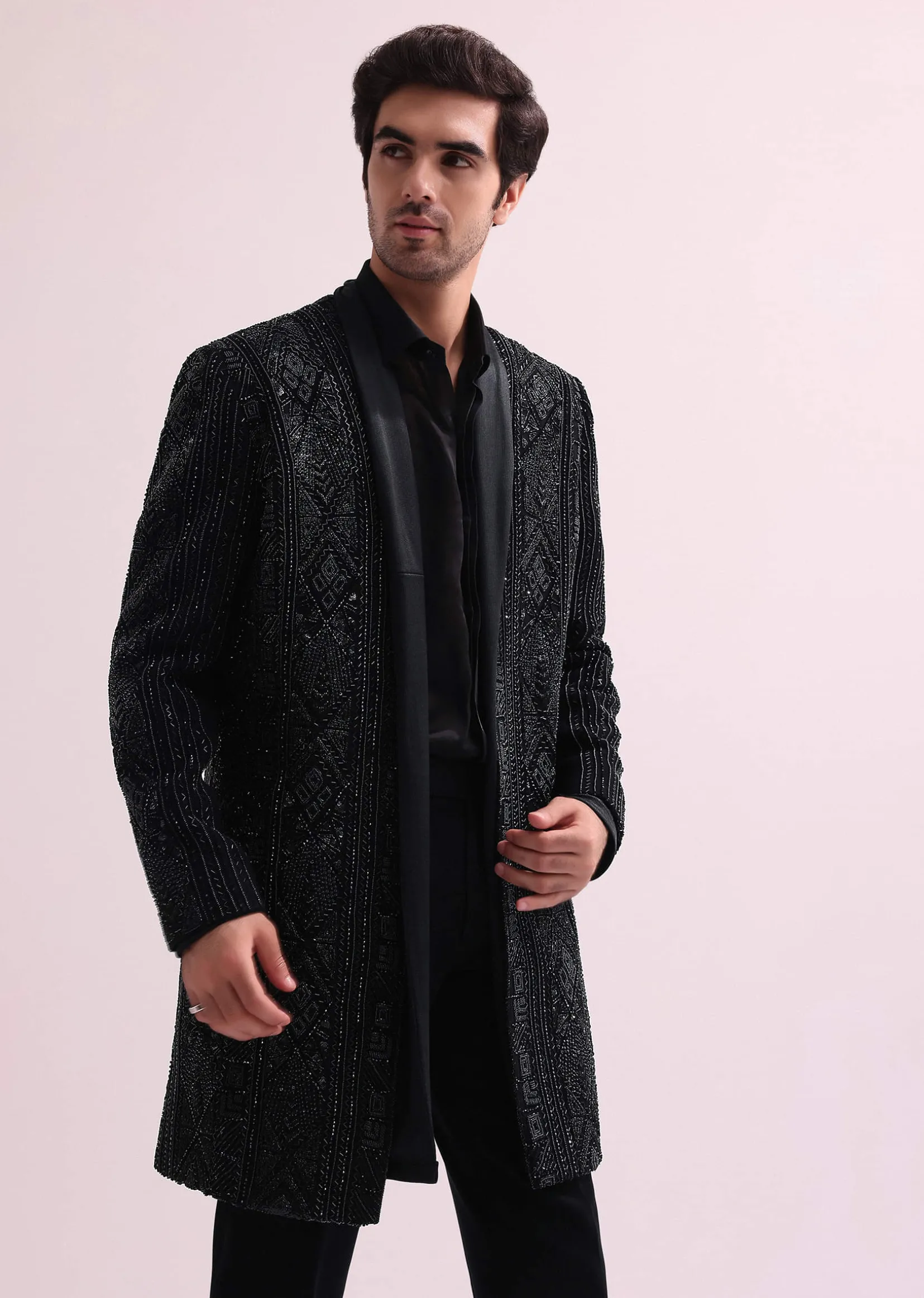 Black Indo Western Lapel Jacket With Shirt And Pant