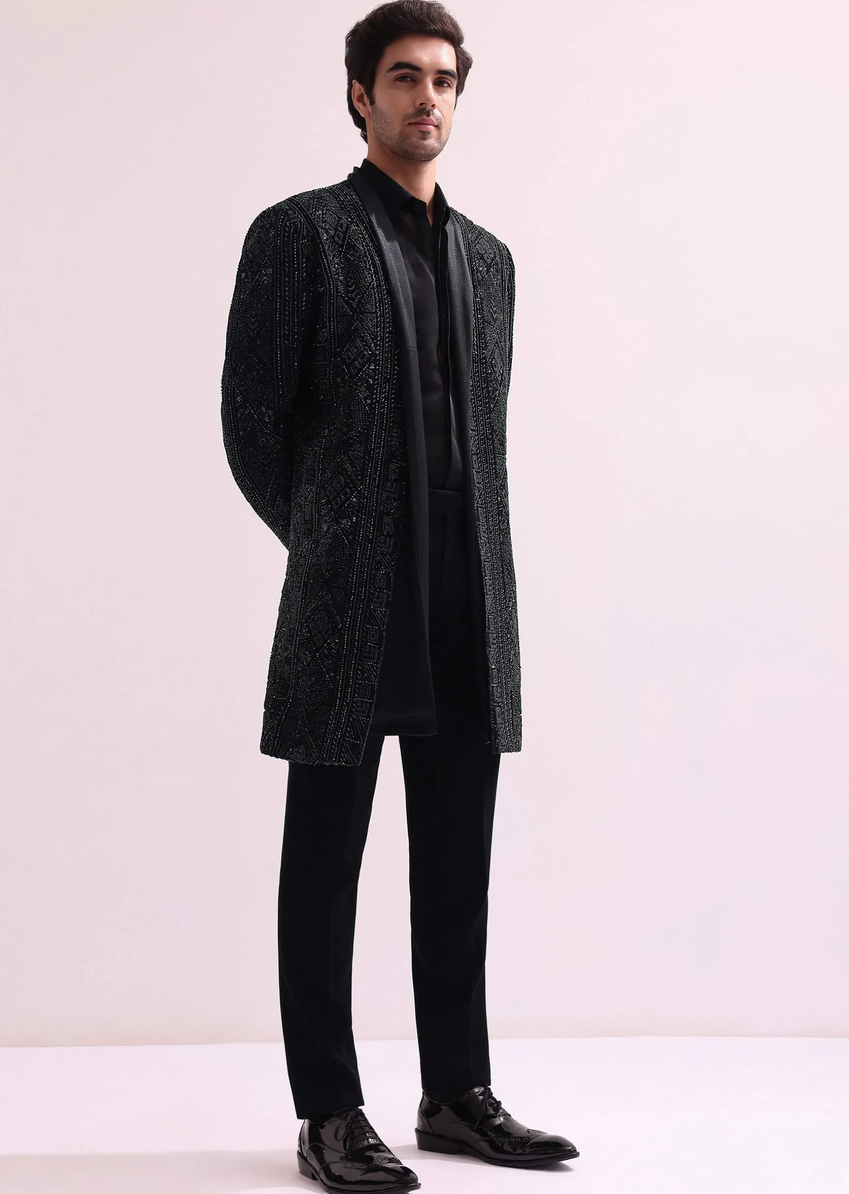 Black Indo Western Lapel Jacket With Shirt And Pant