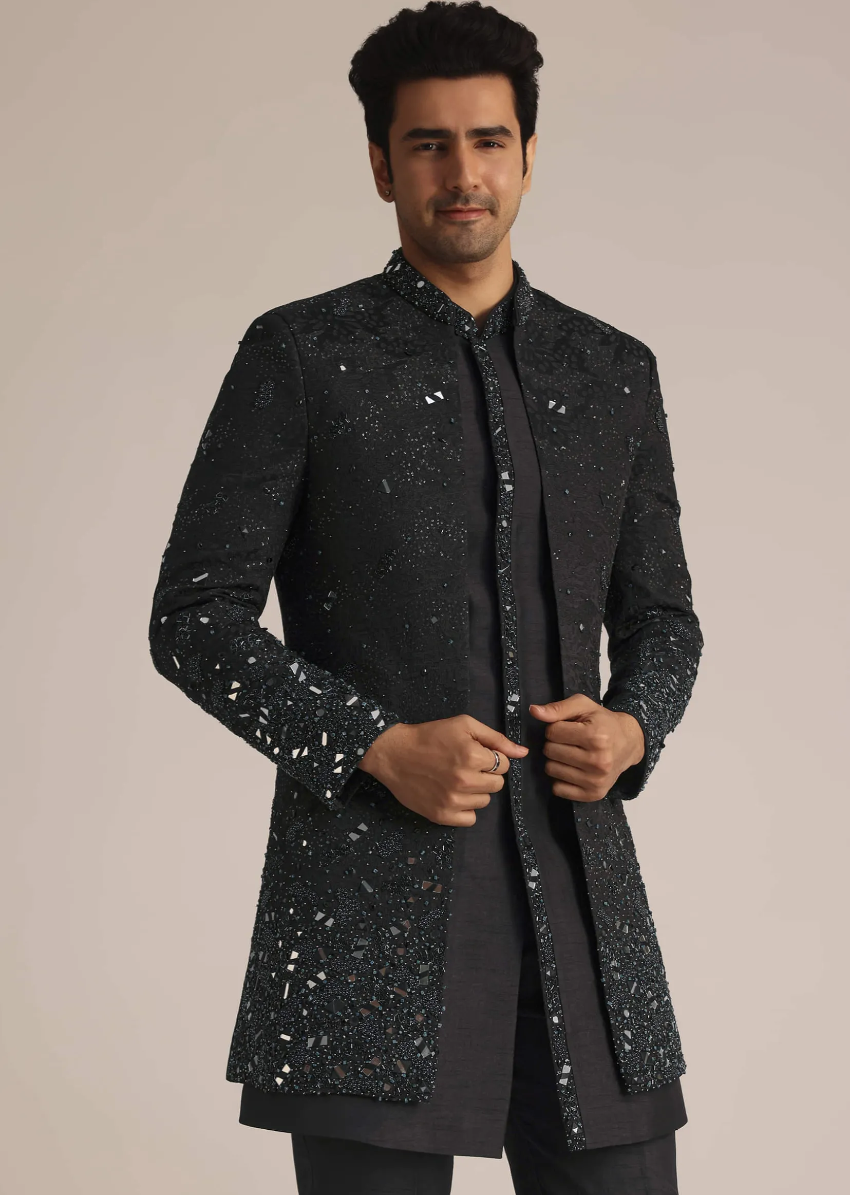 Black Indo Western Set With Mirror Work