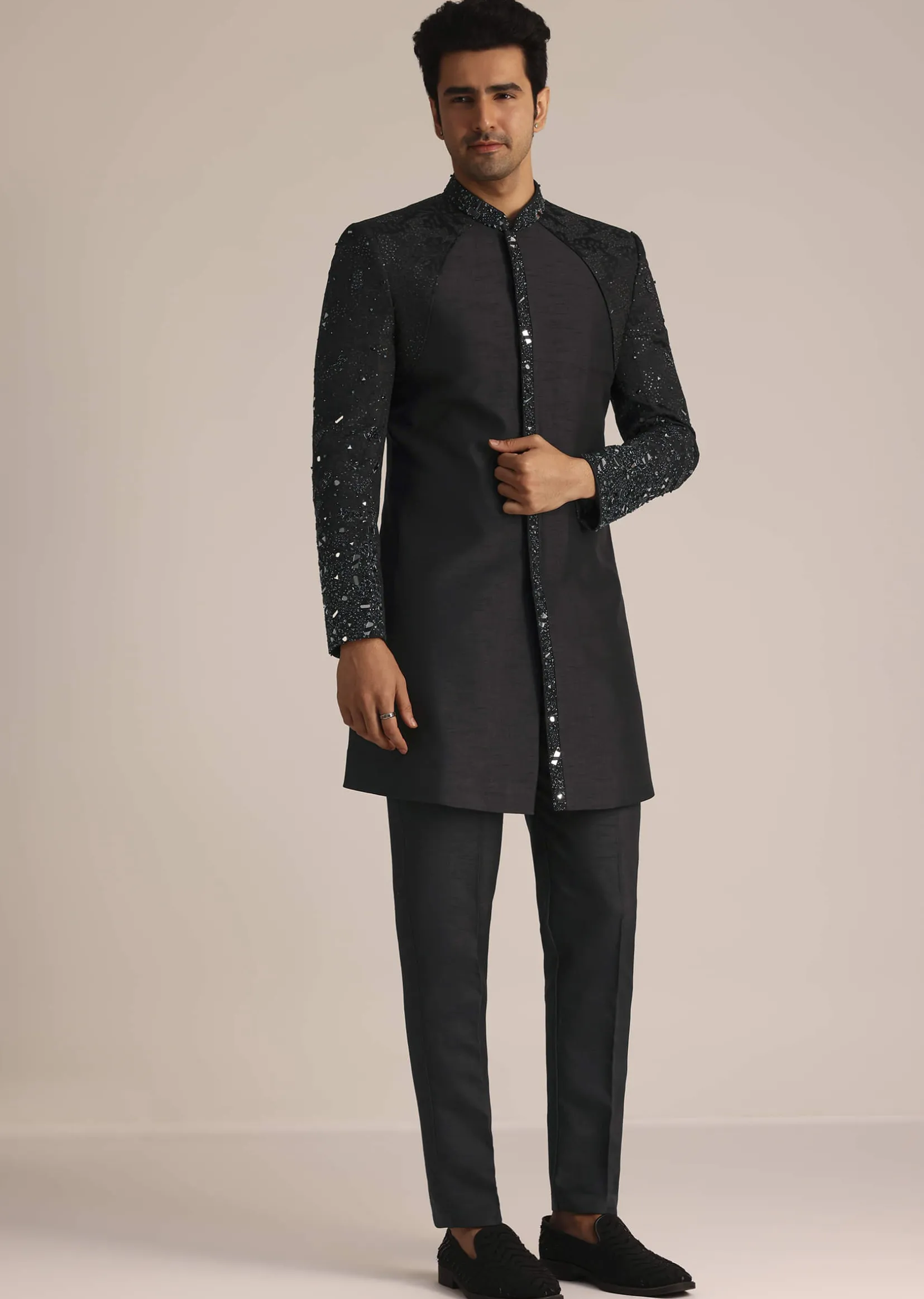 Black Indo Western Set With Mirror Work