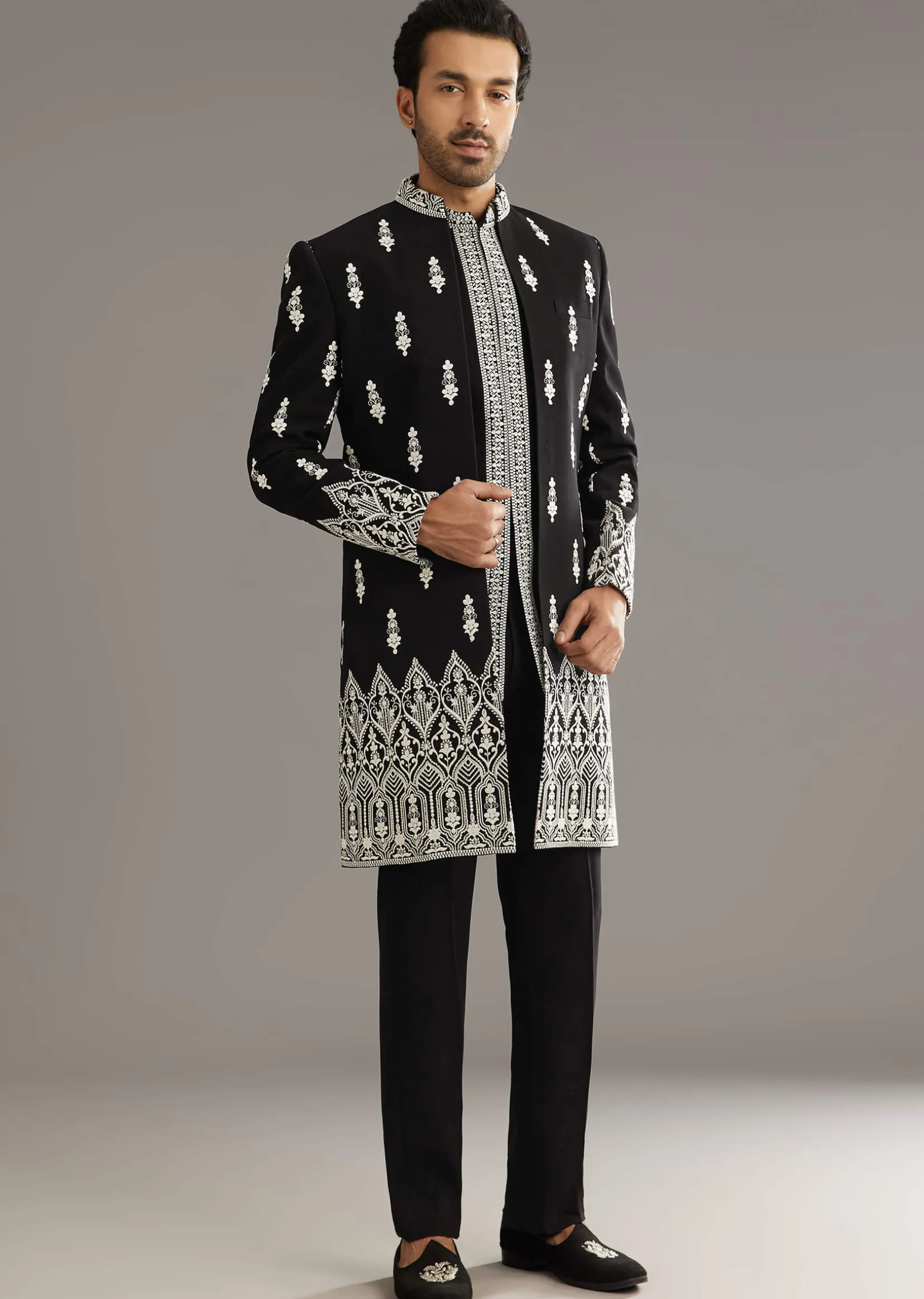 Black Indo Western Set With Embroidery On Japanese Fabric