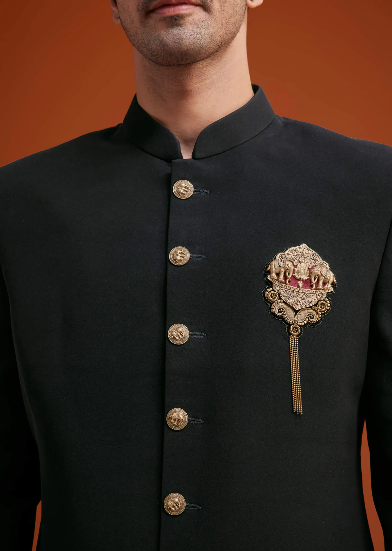 Black Indo Western With Brass Brooch Detailing