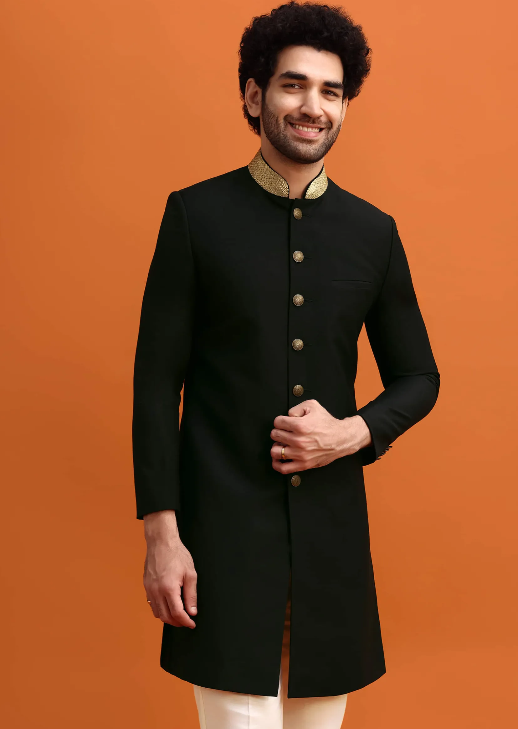 Black Indowestern Set With Zari Work For Men