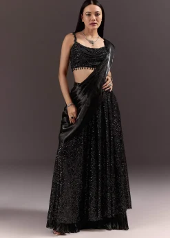 Black Indowestern Sharara Suit With Cowl Blouse With Attached Pallu Attached