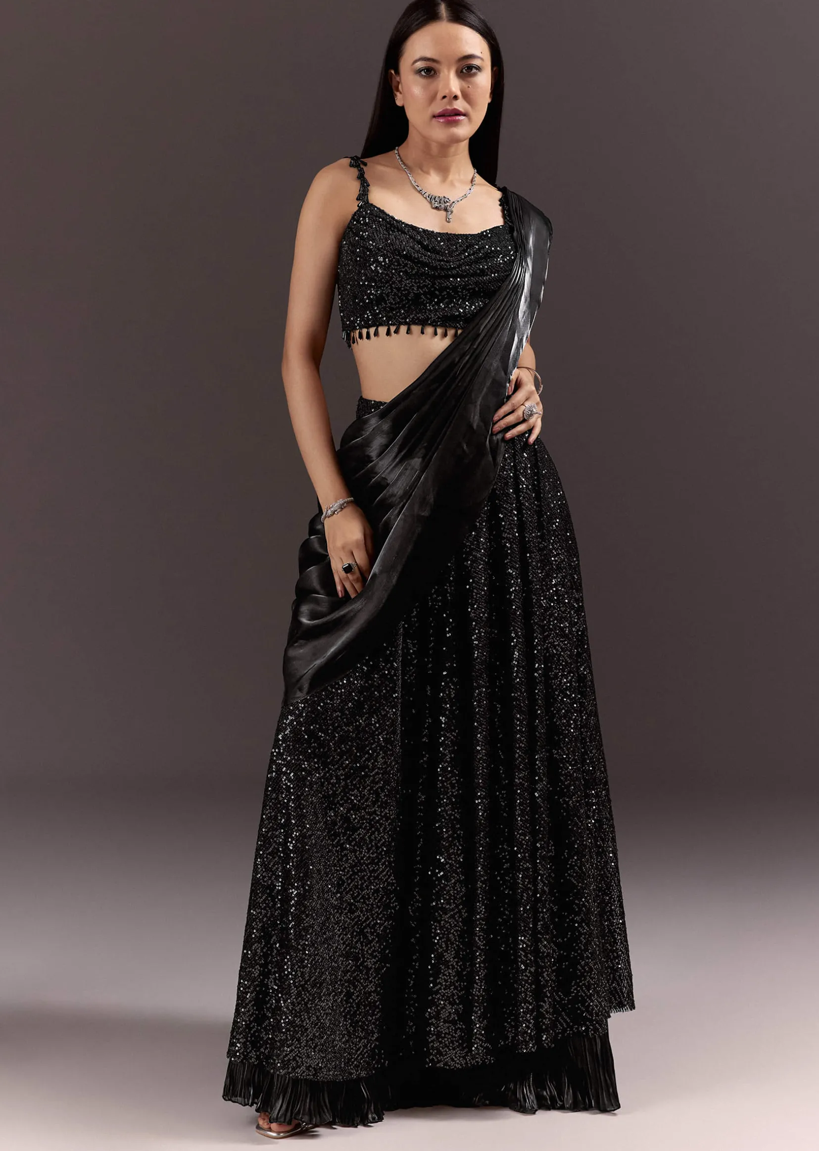 Black Indowestern Sharara Suit With Cowl Blouse With Attached Pallu Attached