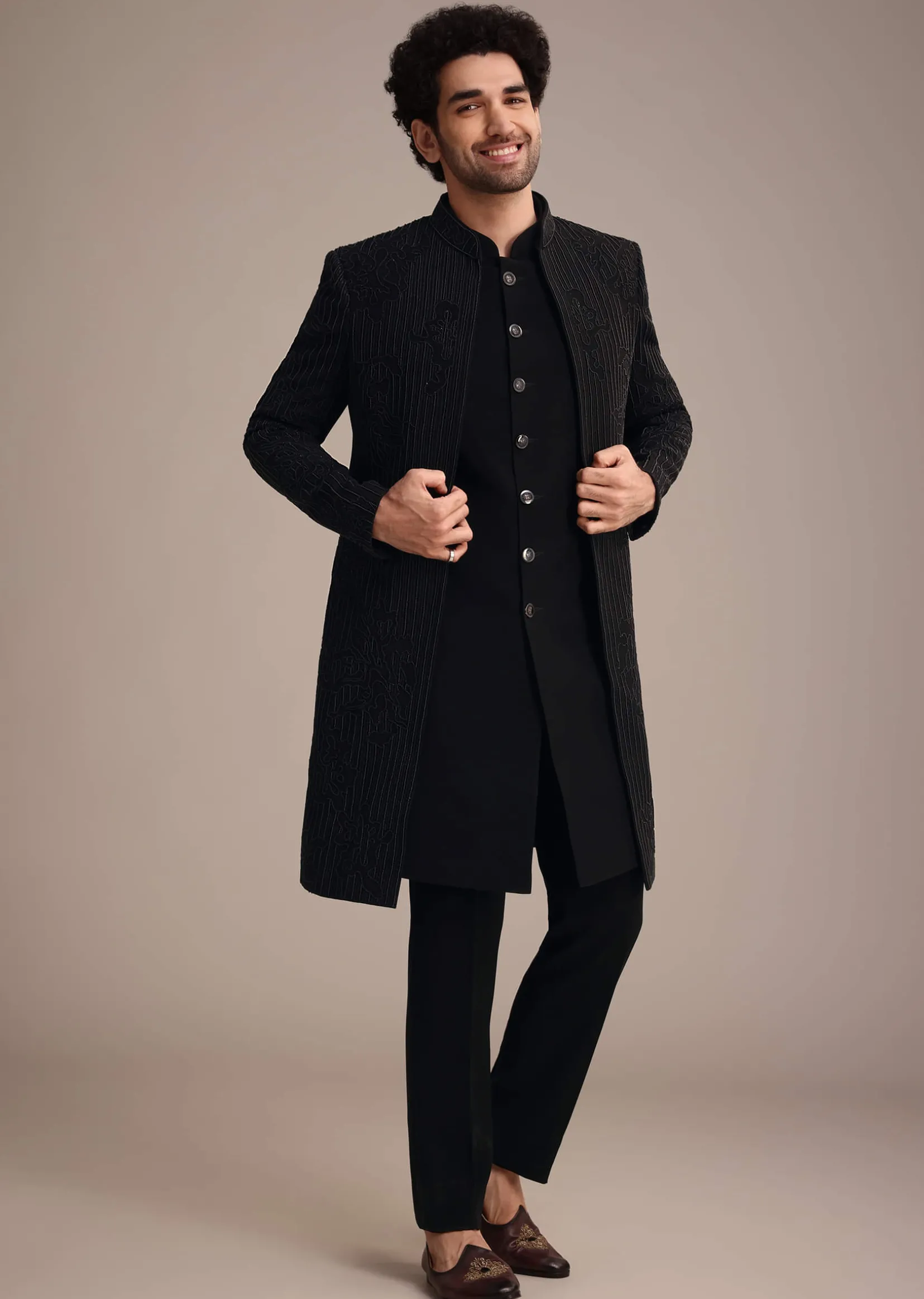 Black Indowestern Suit With Poth Work