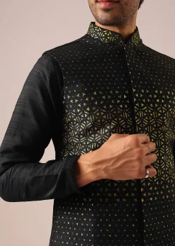 Black Jacket Kurta Set with Embroidered Work