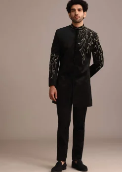 Black Jacquard Indo Western Set with Zardozi Work