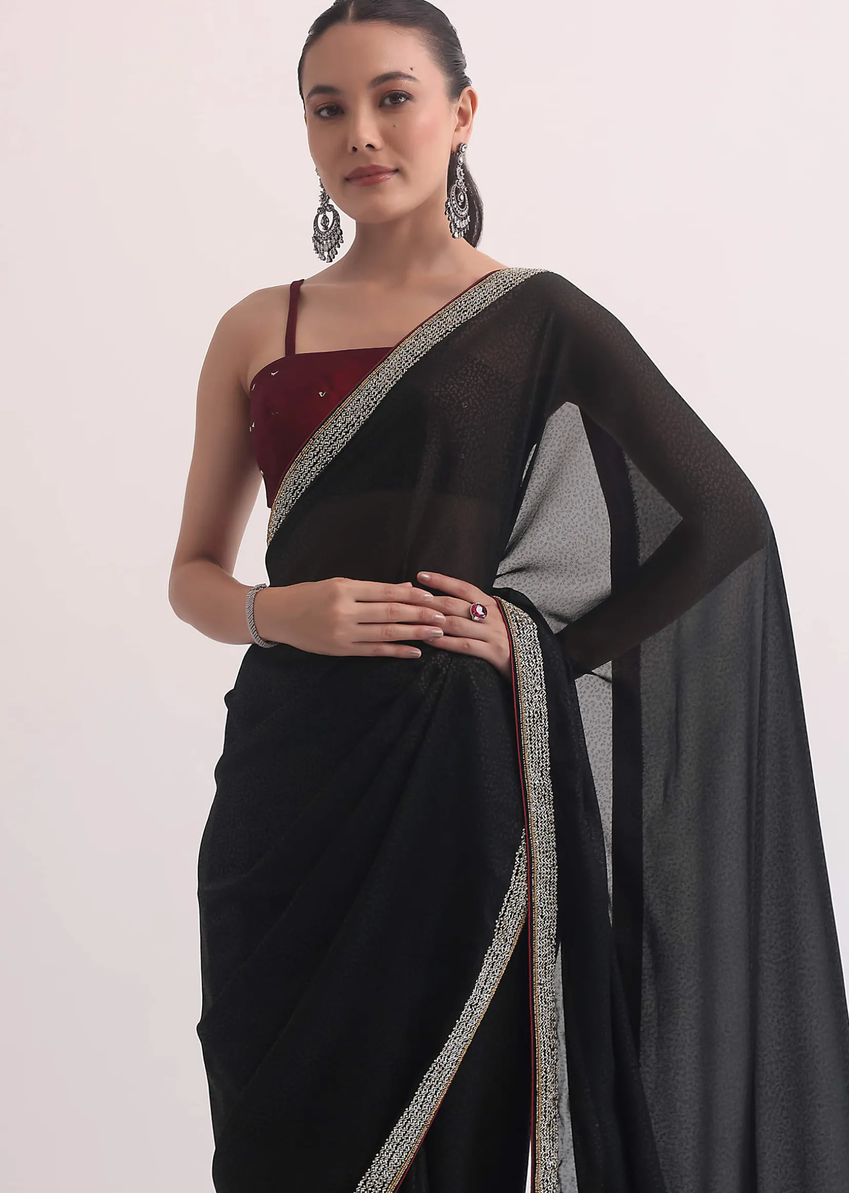 Black Jacquard Saree In Stone Embroidery With Unstitched Blouse