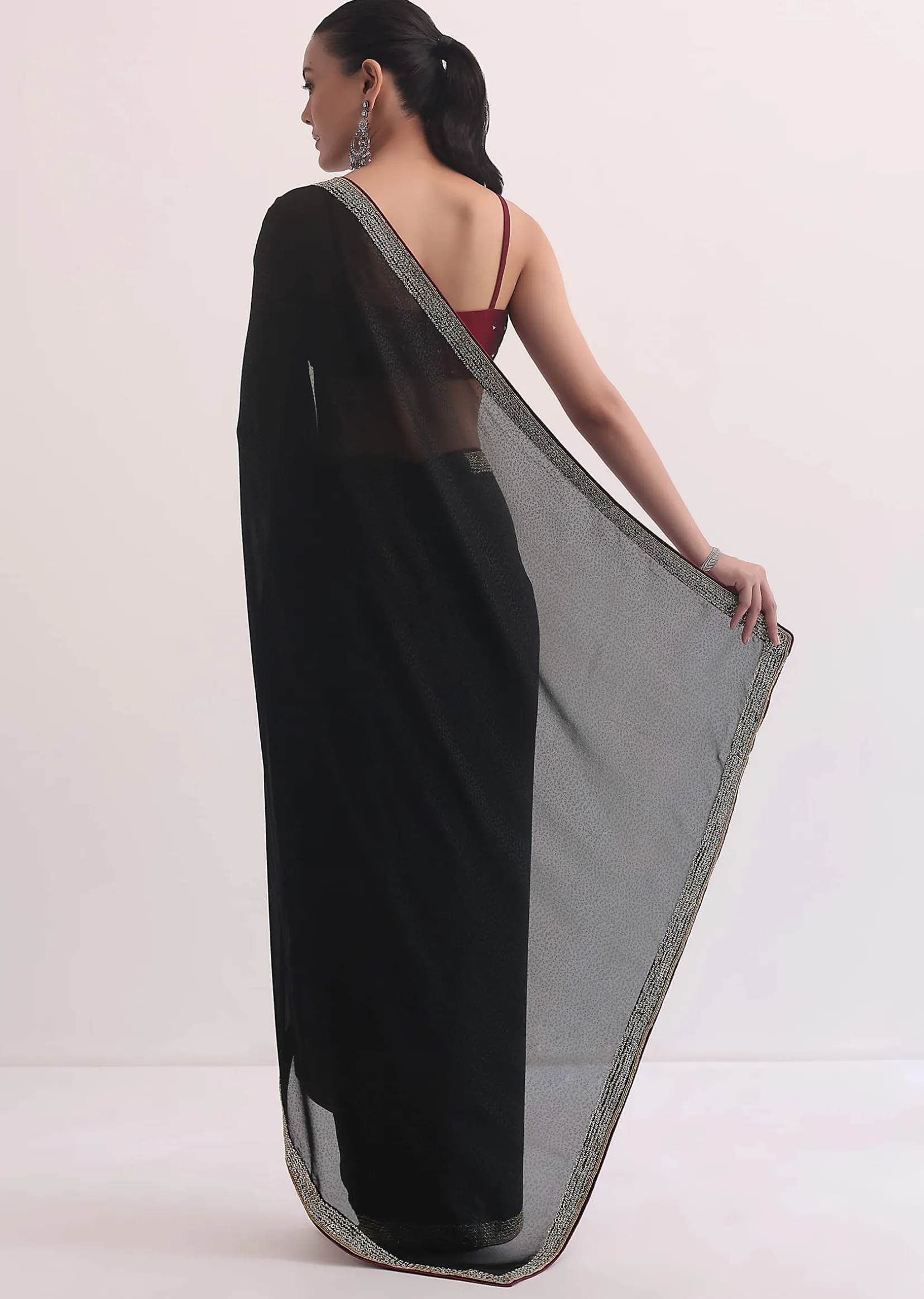 Black Jacquard Saree In Stone Embroidery With Unstitched Blouse