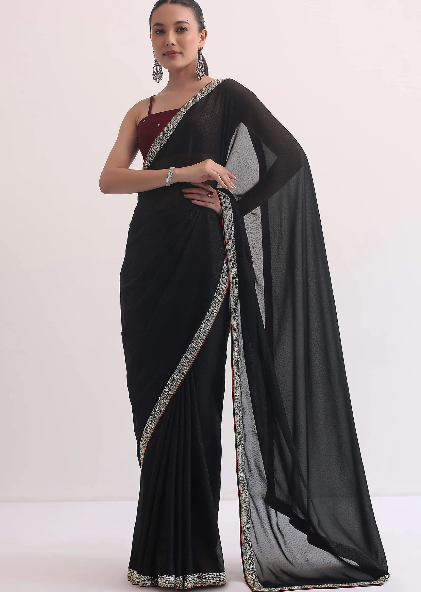 Black Jacquard Saree In Stone Embroidery With Unstitched Blouse
