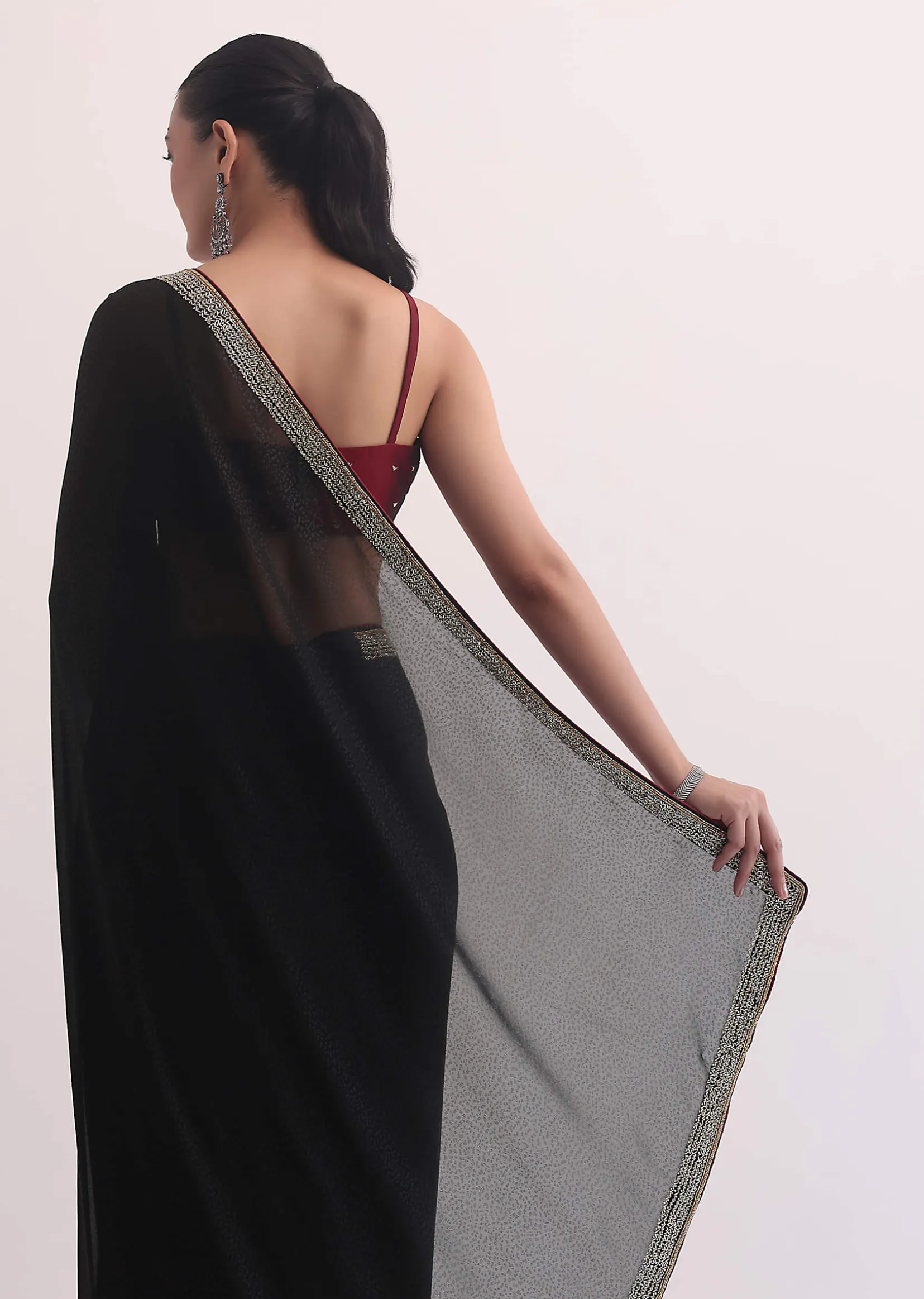 Black Jacquard Saree In Stone Embroidery With Unstitched Blouse