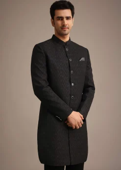 Black Jacquard Silk Indowestern Set