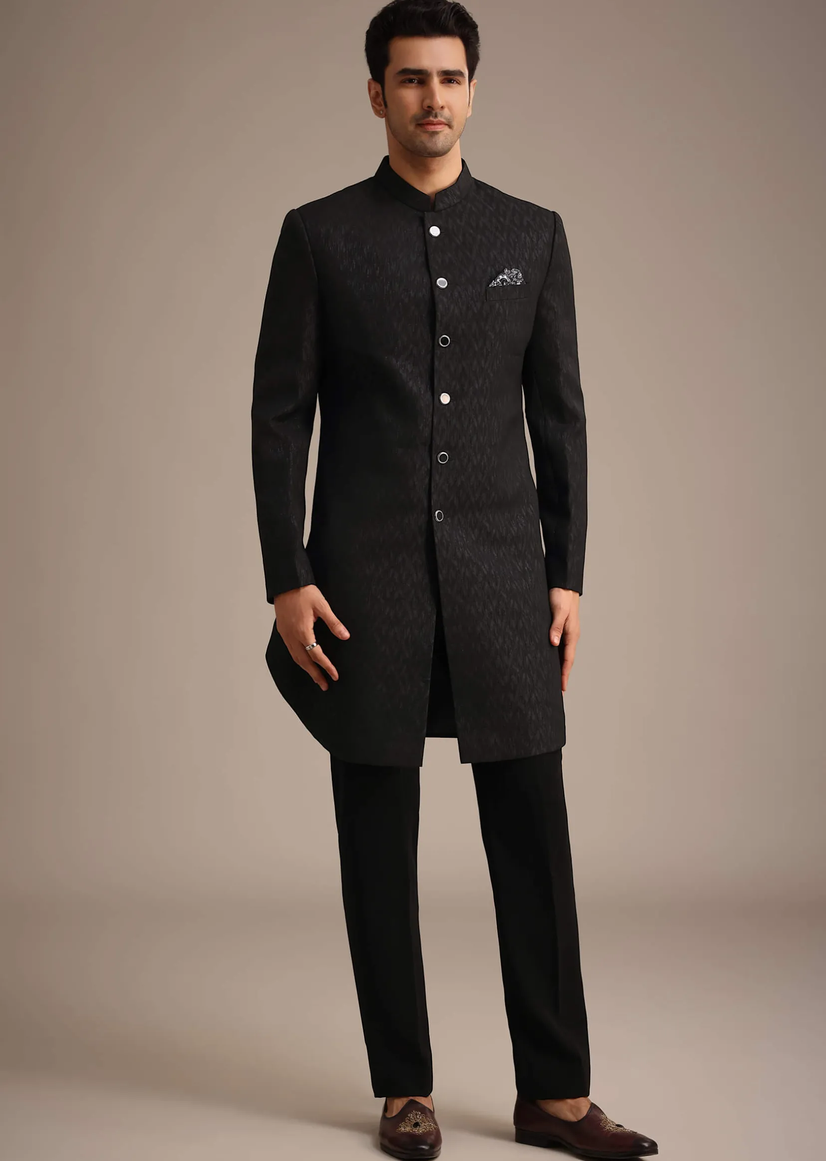 Black Jacquard Silk Indowestern Set