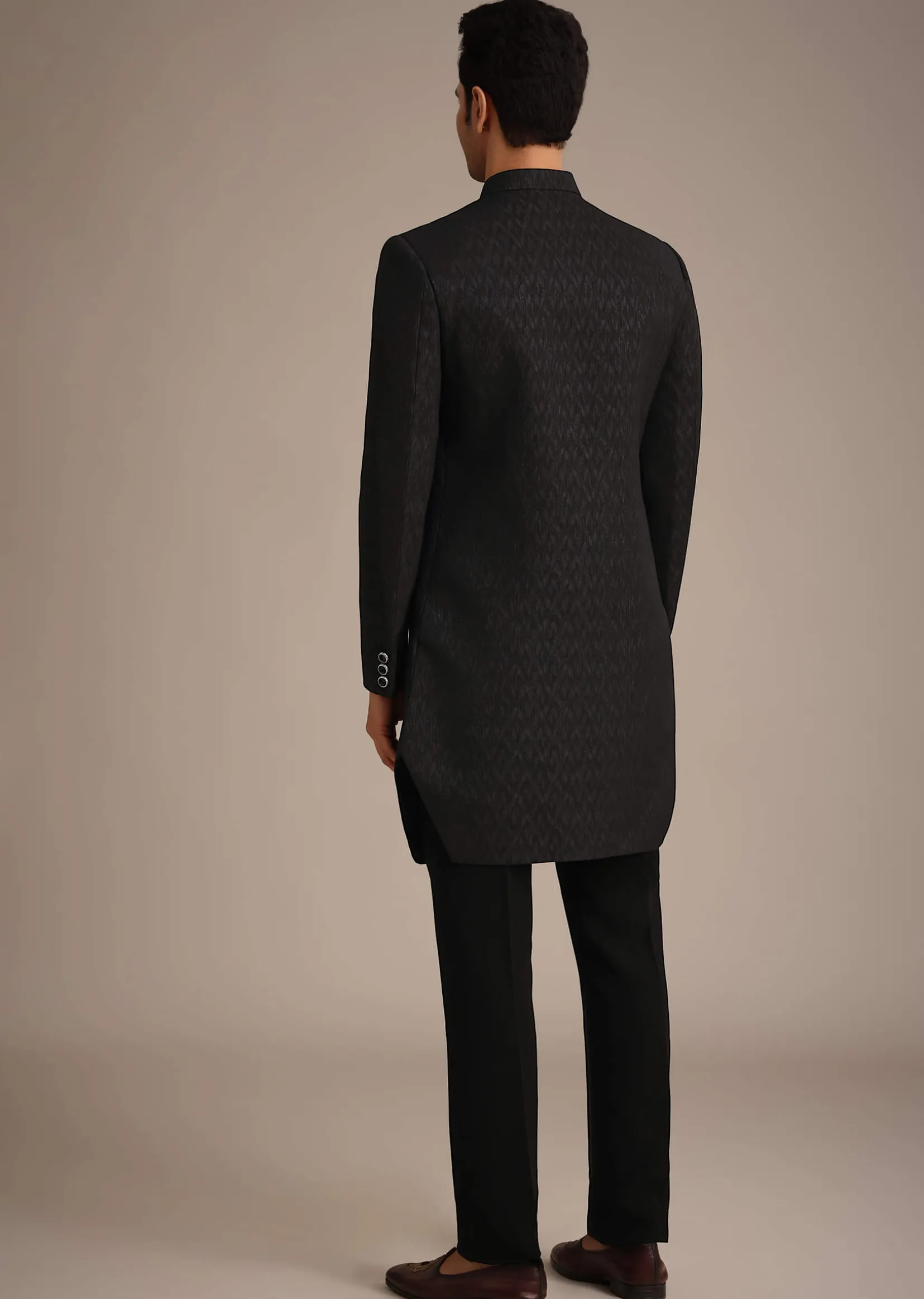 Black Jacquard Silk Indowestern Set
