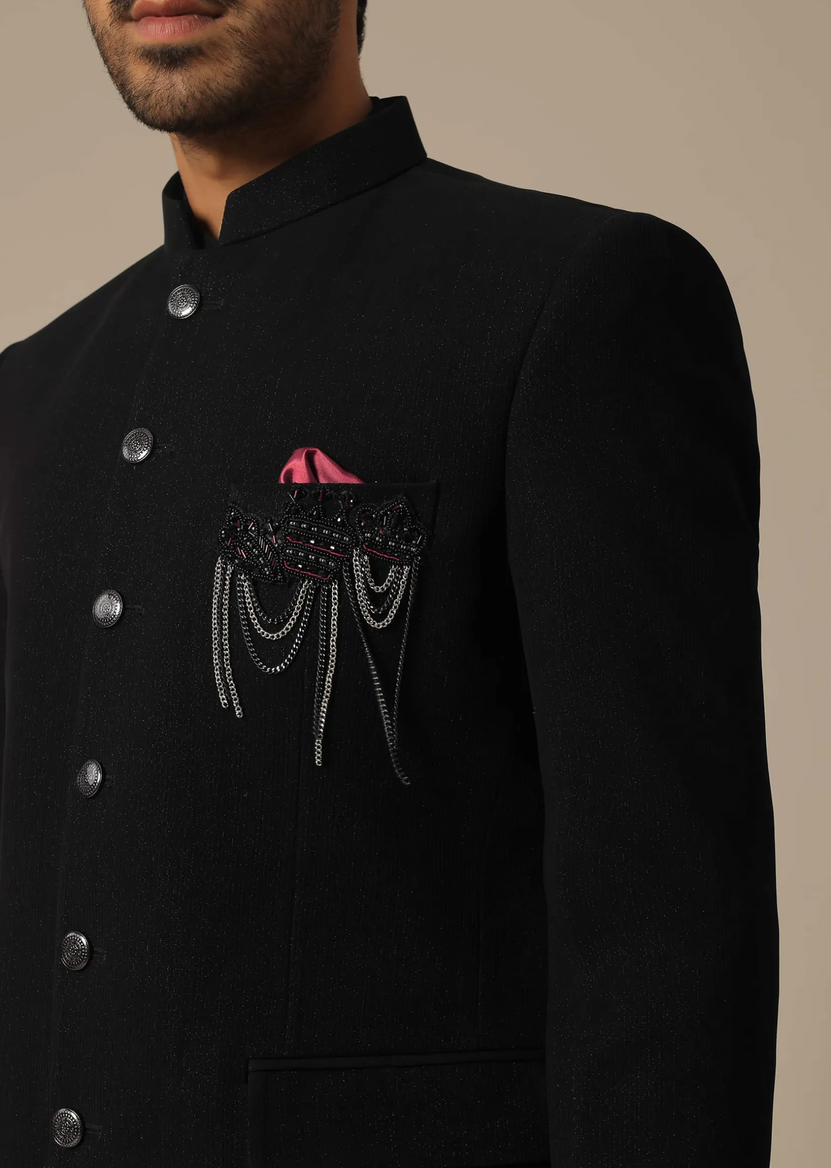 Black Jodhpuri Set With Front Button Detail