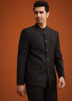 Black Jodhpuri Set With Pocket Square