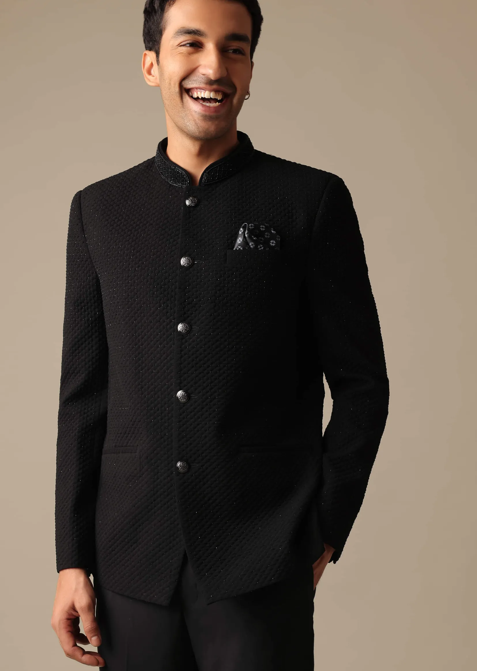 Black Jodhpuri Suit With Textured Bandhgala