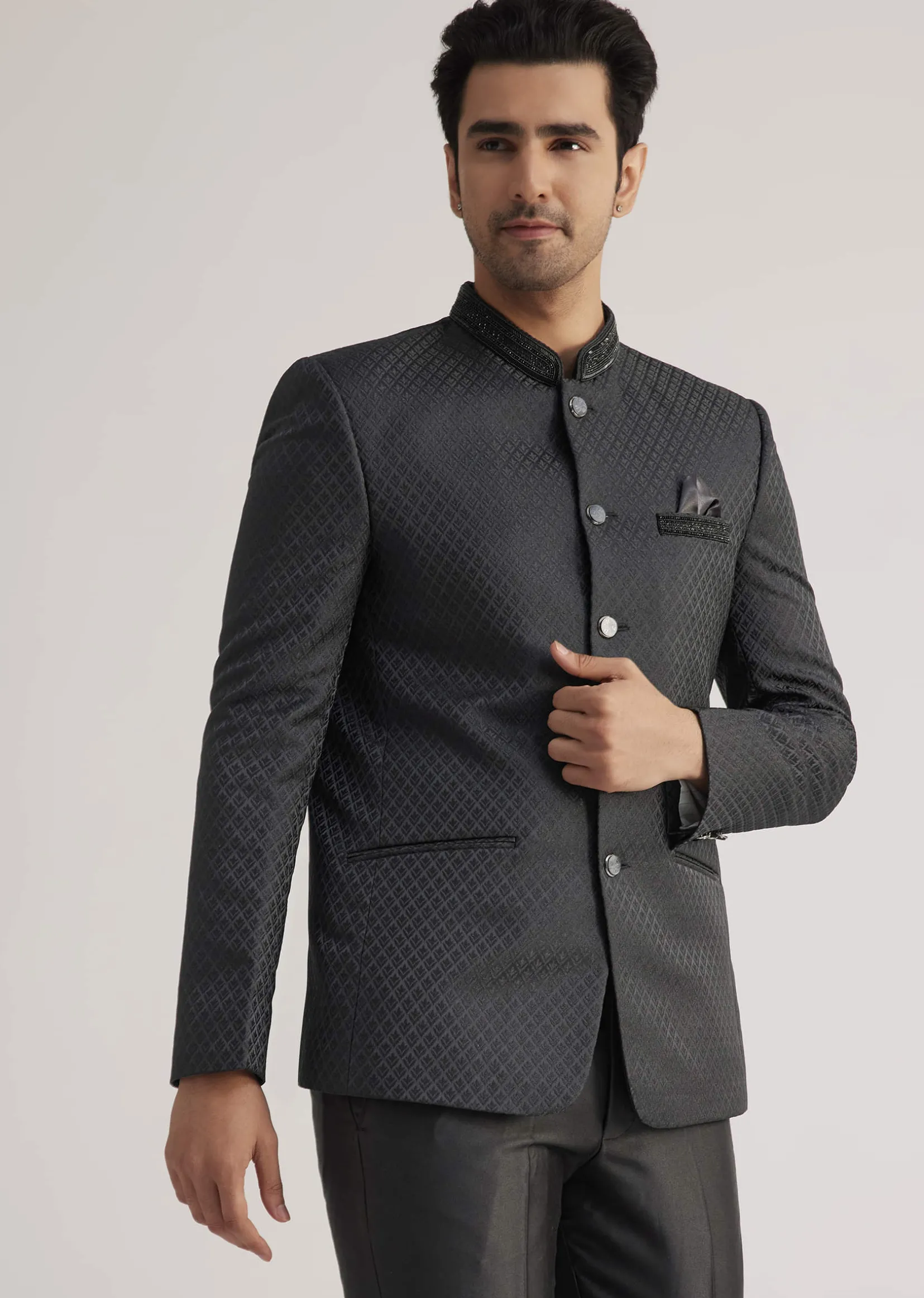 Black Jodhpuri Suit With Embellished Collar