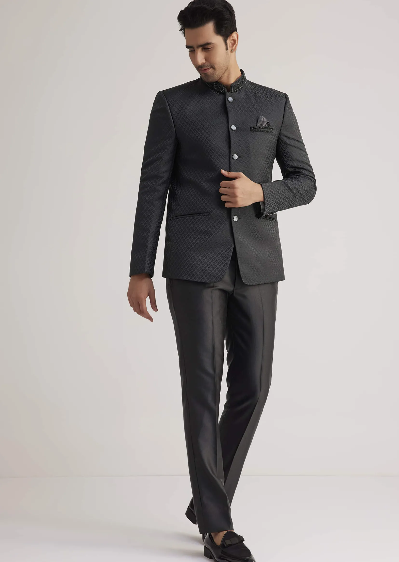 Black Jodhpuri Suit With Embellished Collar