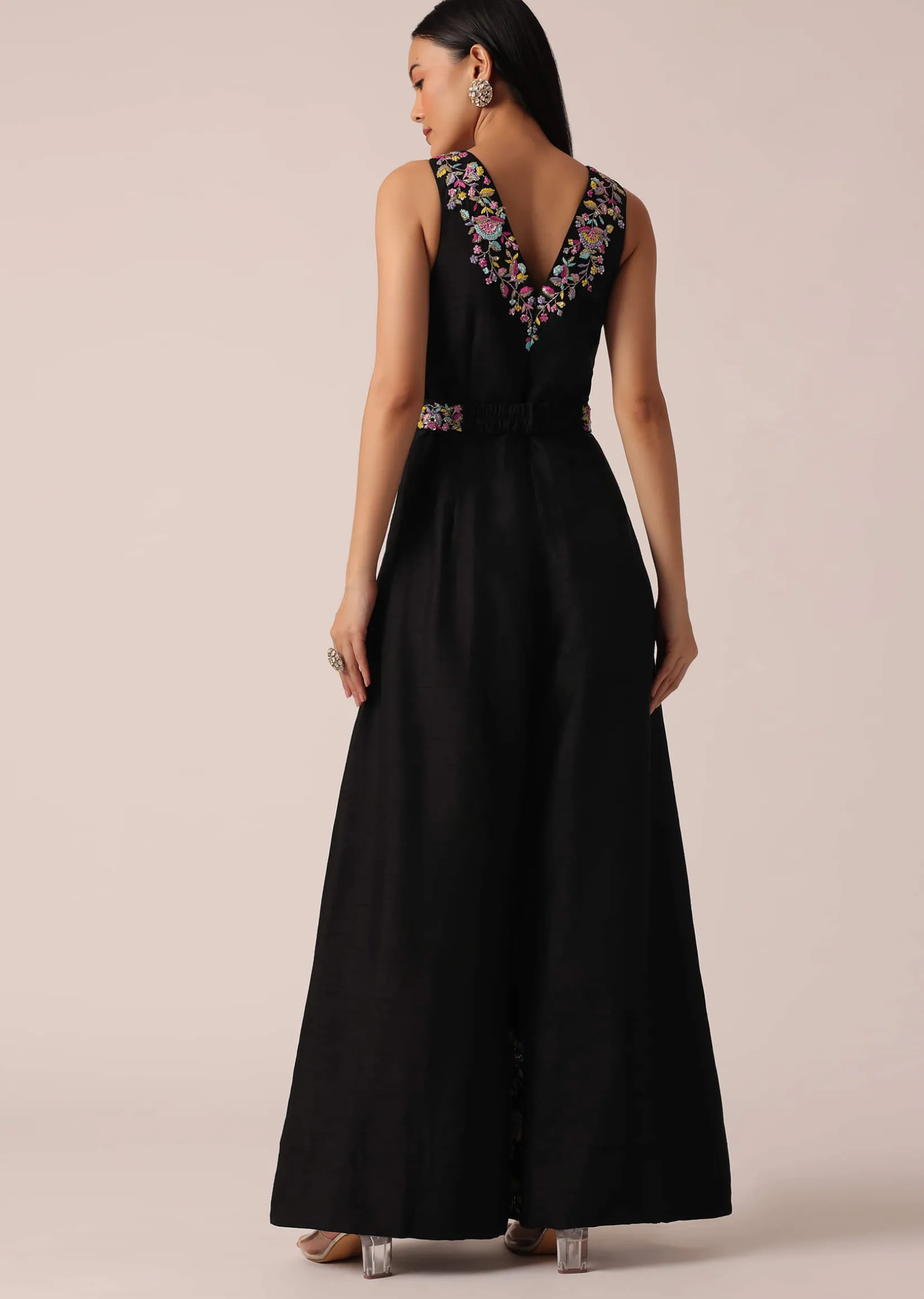 Black Jumpsuit With Floral Motif Embroidery