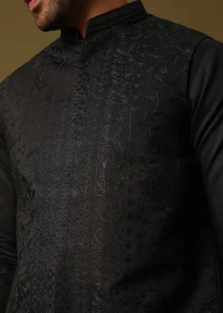 Black Kurta Jacket Set With Resham Work For Men