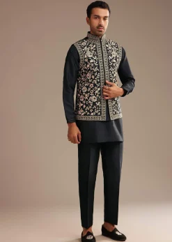 Black Kurta Jacket Set With Resham And Mirror Work