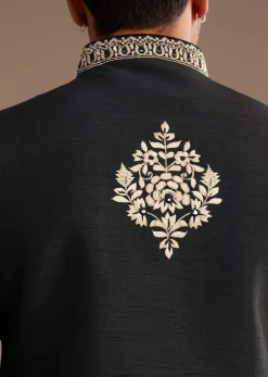 Black Kurta Jacket Set With Resham And Mirror Work