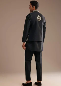 Black Kurta Jacket Set With Resham And Mirror Work