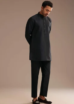 Black Kurta Jacket Set With Resham And Mirror Work