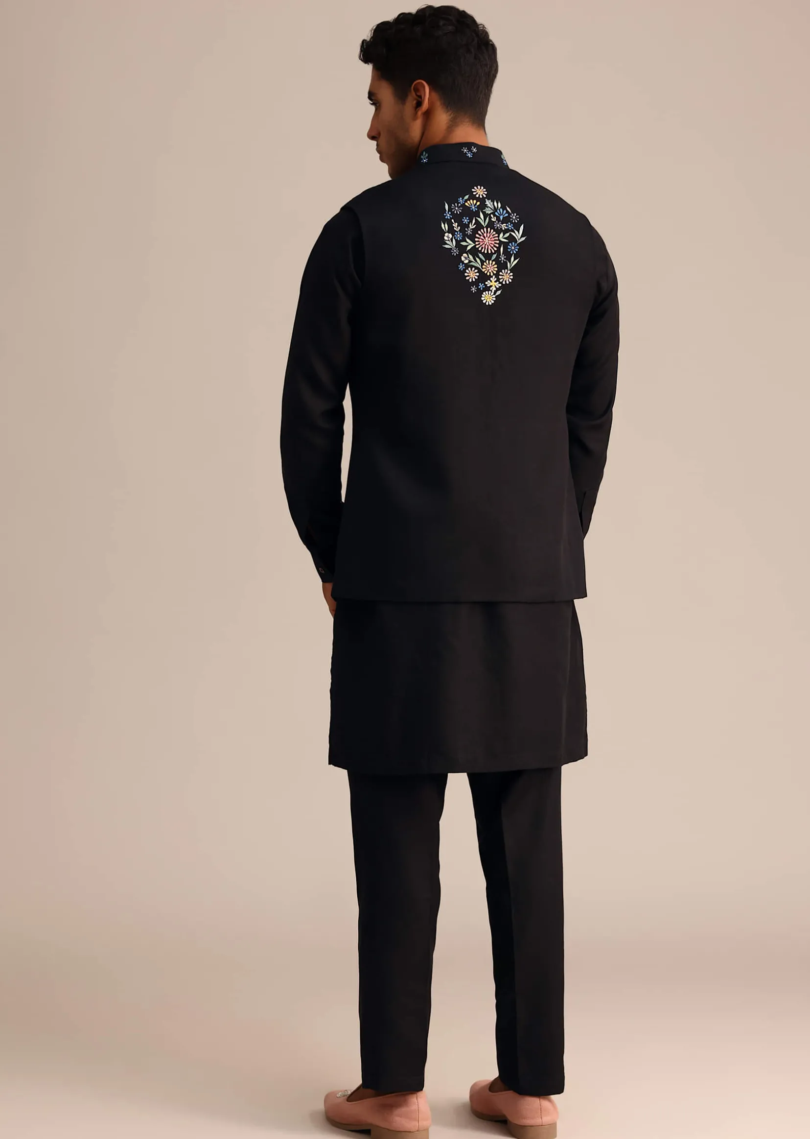 Black Kurta Jacket Set With Floral Embroidered Motifs