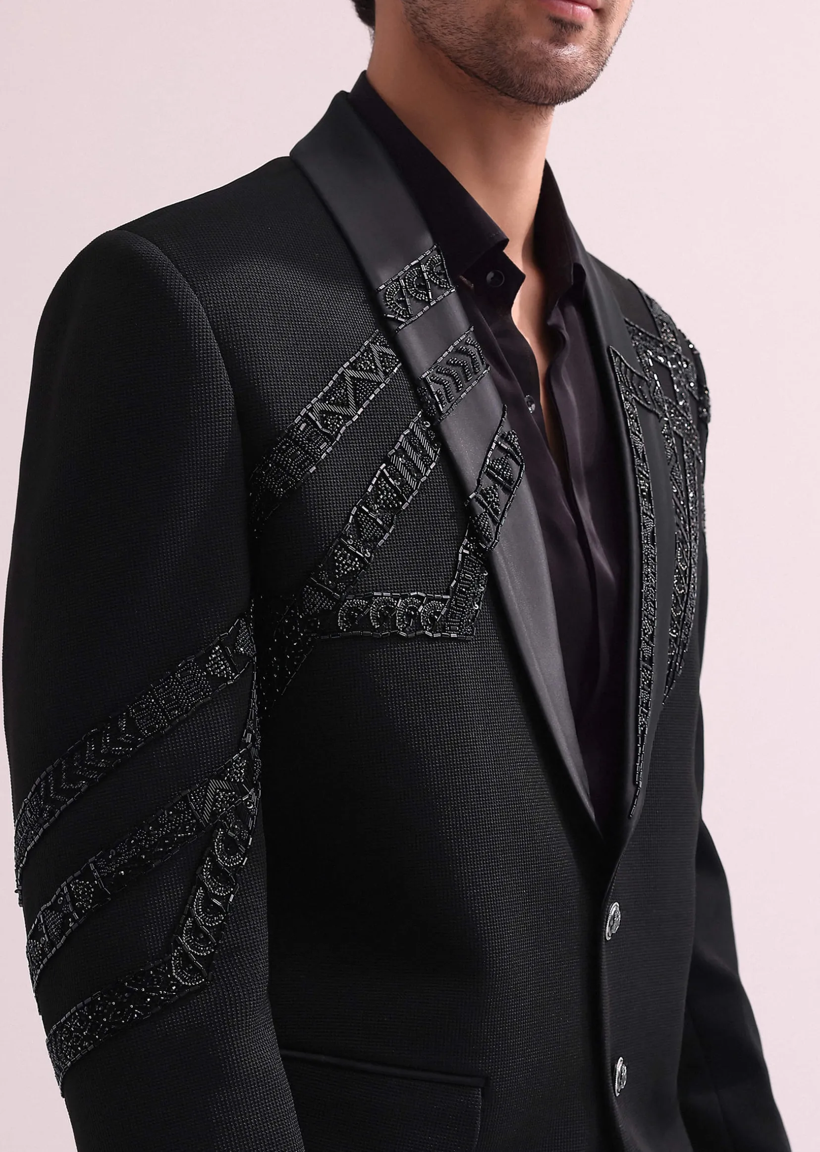 Black Lapel Hand Embroidered Tuxedo With Shirt And Pants