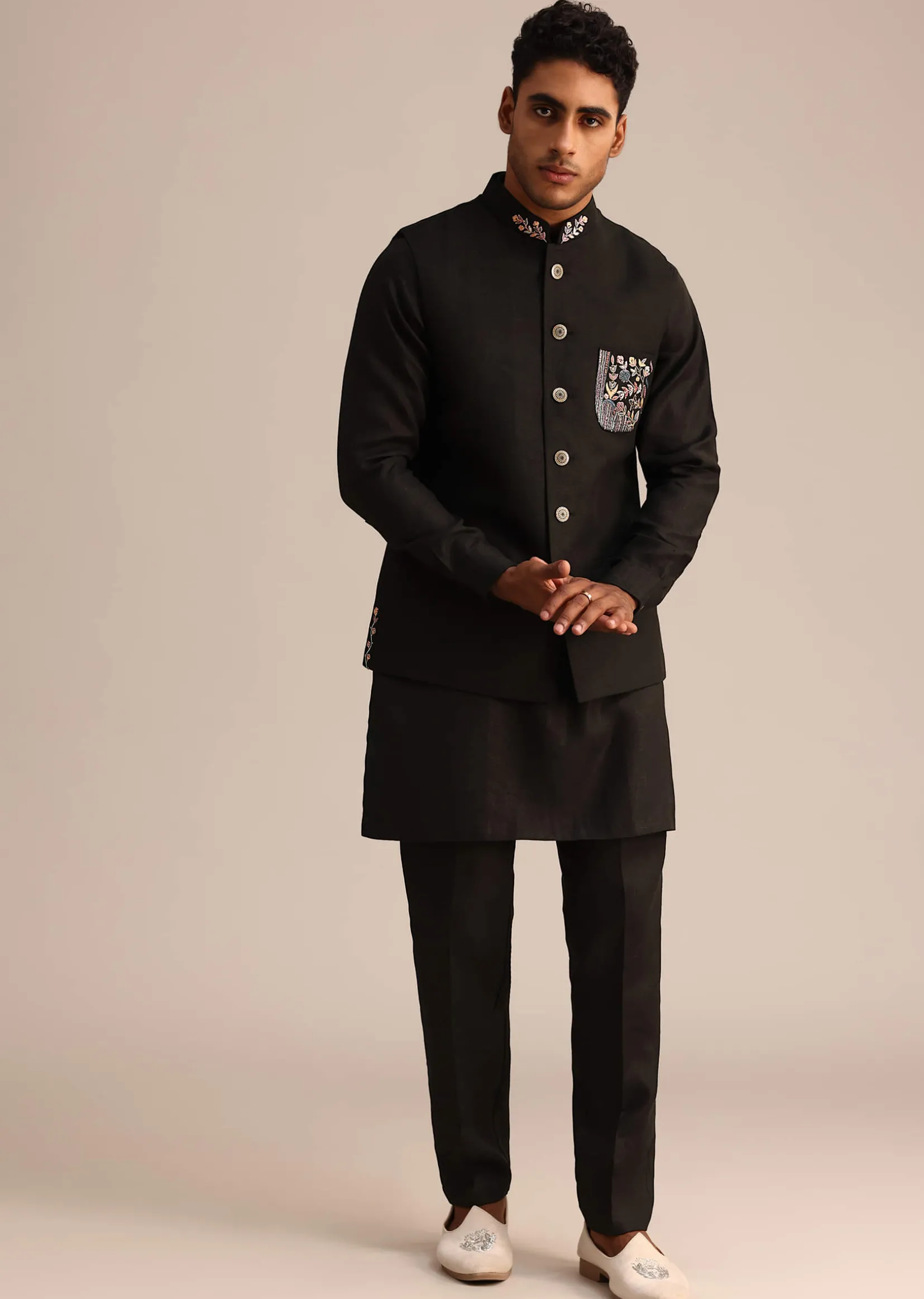 Black Linen Floral Resham Work Jacket Kurta Set