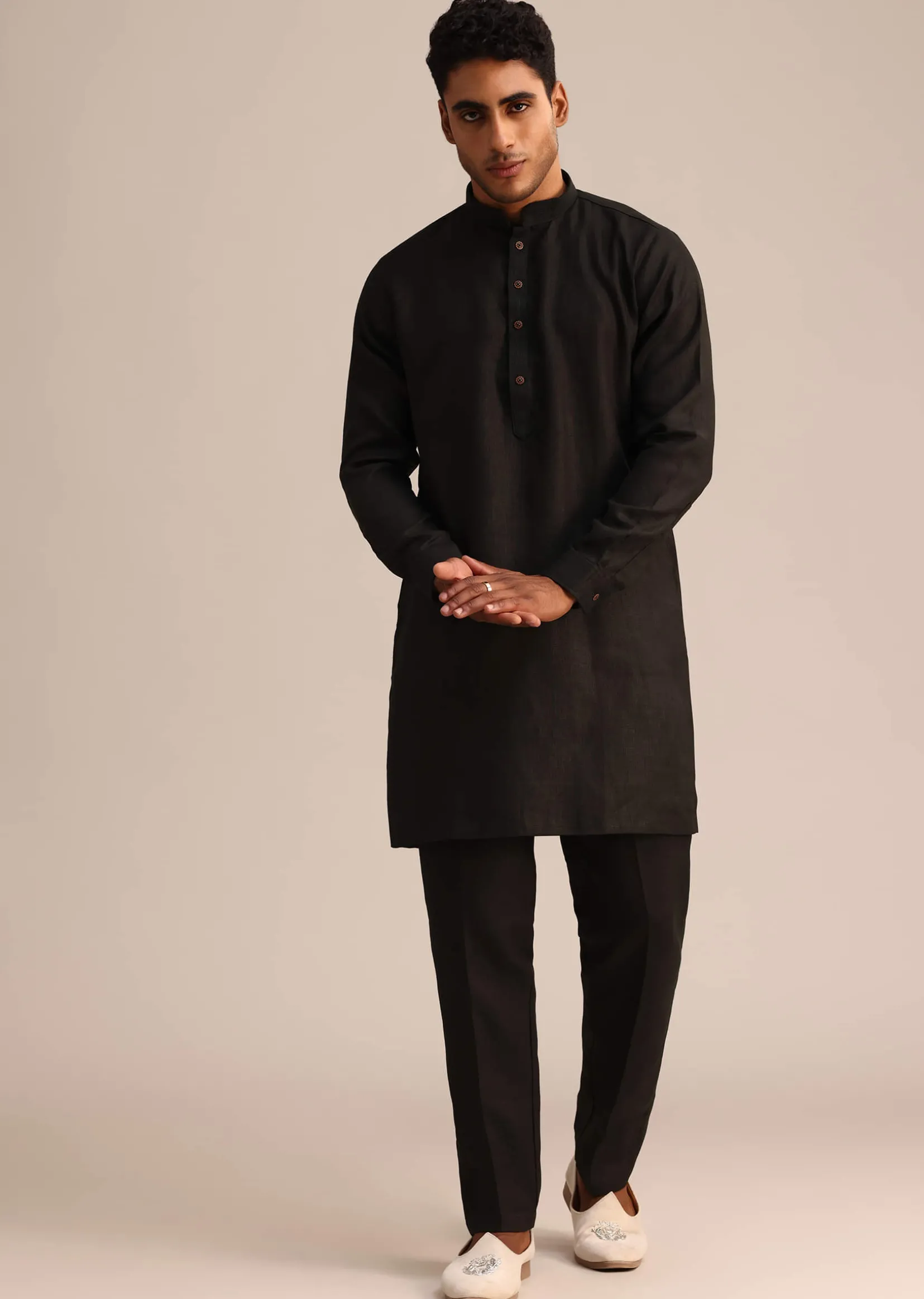 Black Linen Floral Resham Work Jacket Kurta Set