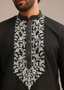 Black Linen Floral Resham Work Kurta Set