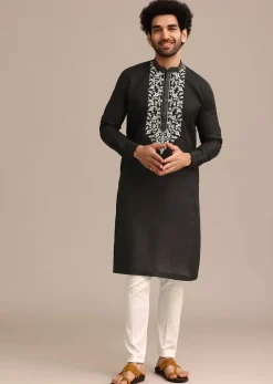 Black Linen Floral Resham Work Kurta Set