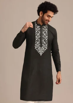 Black Linen Floral Resham Work Kurta Set