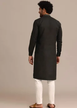 Black Linen Floral Resham Work Kurta Set