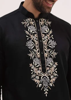 Black Linen Kurta Set With Resham Work For Men