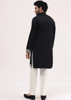 Black Linen Kurta Set With Resham Work For Men