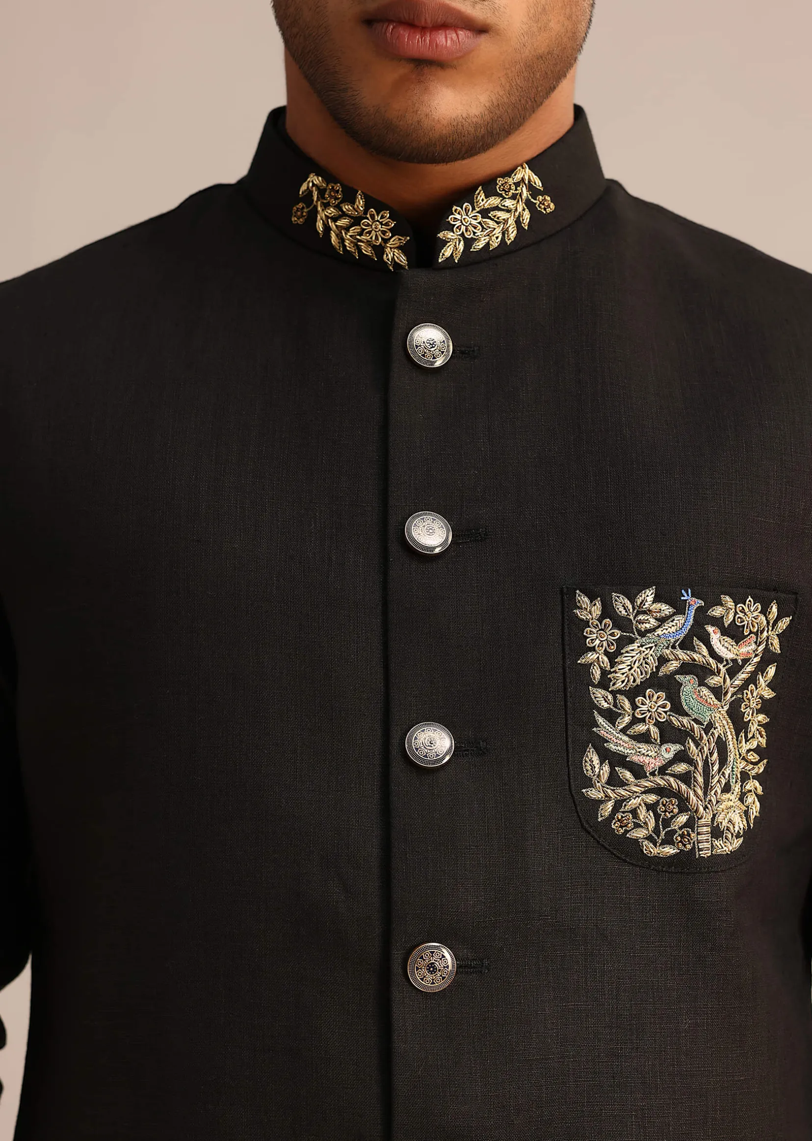 Black Linen Zardosi Embroidered Jacket Kurta Set