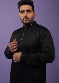 Black Lucknowi Embroidered Kurta In Mini Silk