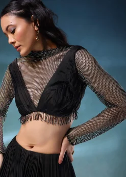 Black Mesh Blouse And Palazzo Set In Satin