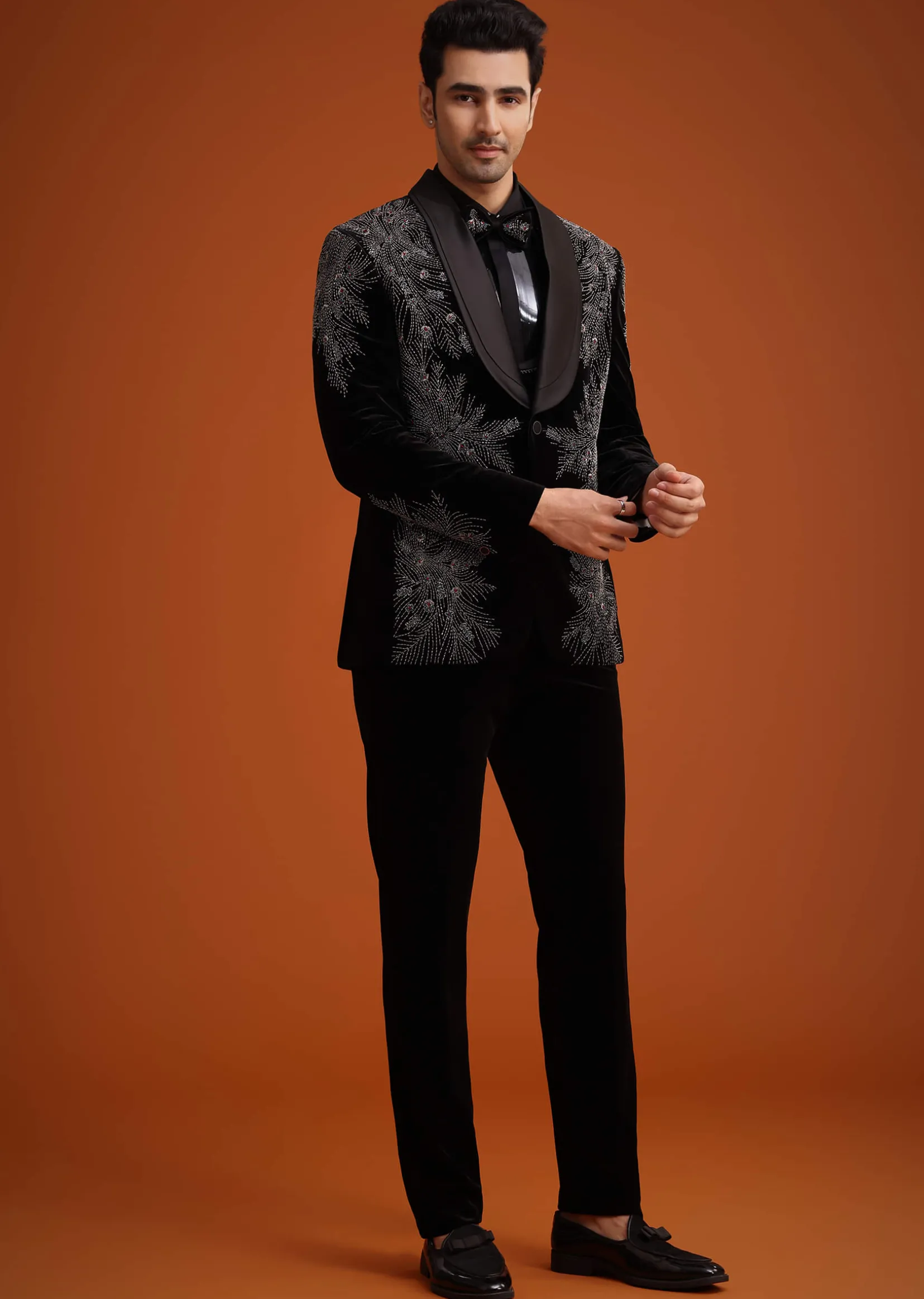 Black Micro Velvet Cutdana Embellished Tuxedo Set