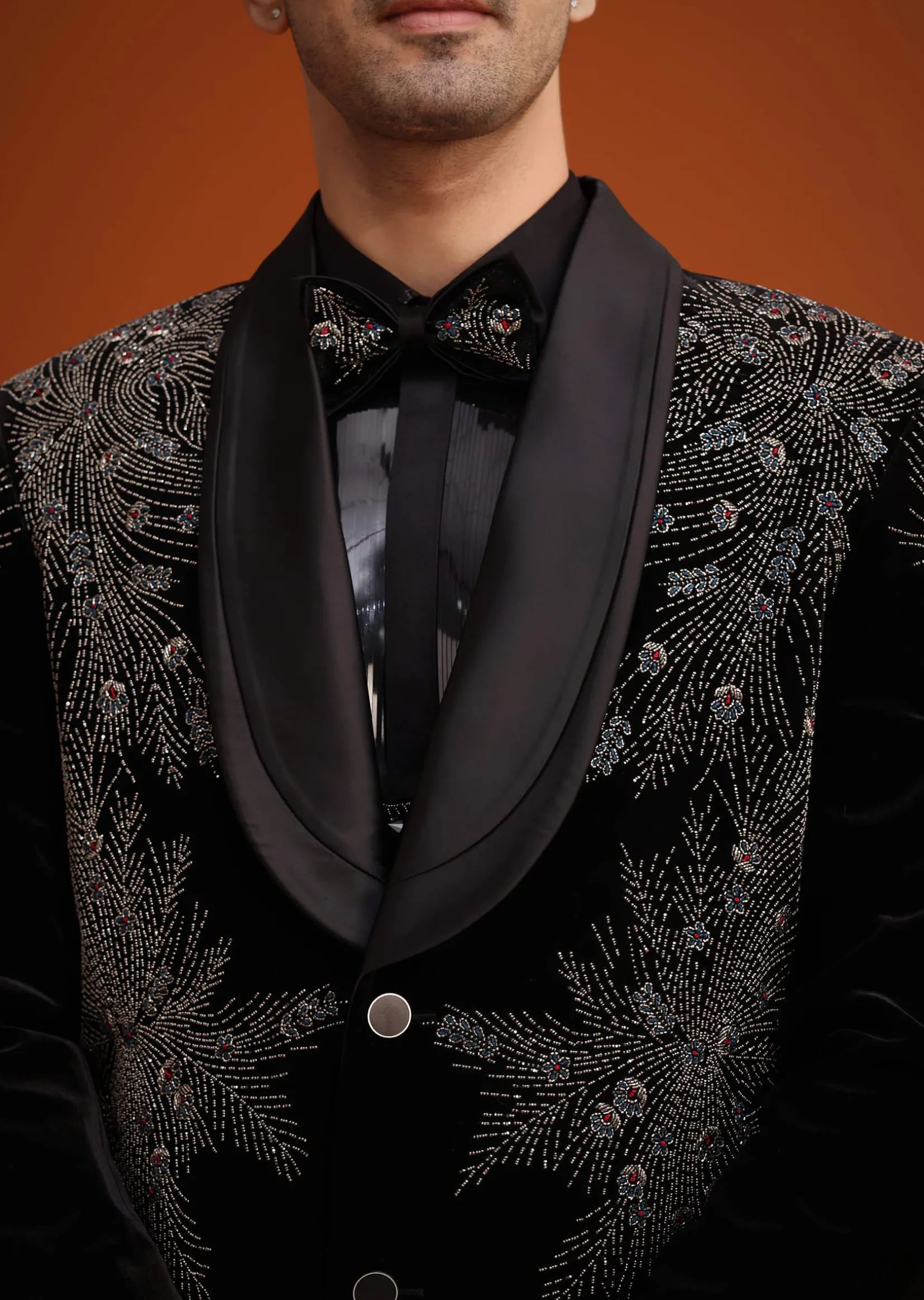 Black Micro Velvet Cutdana Embellished Tuxedo Set
