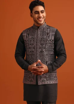 Black Mirror Embellished Jacket And Kurta Set