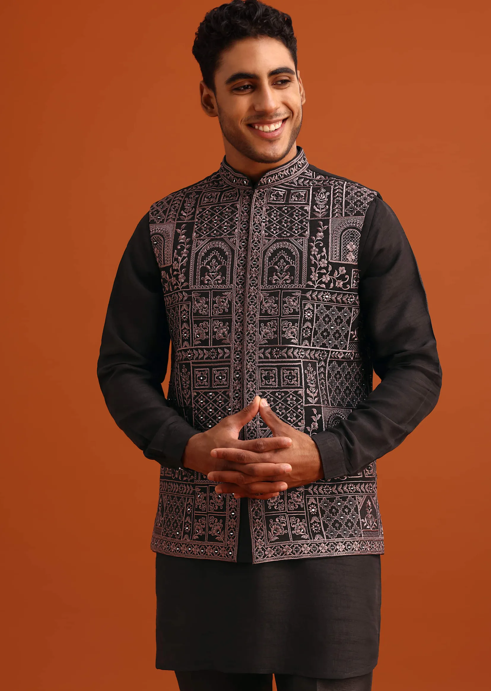 Black Mirror Embellished Jacket And Kurta Set