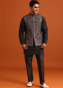 Black Mirror Embellished Jacket And Kurta Set
